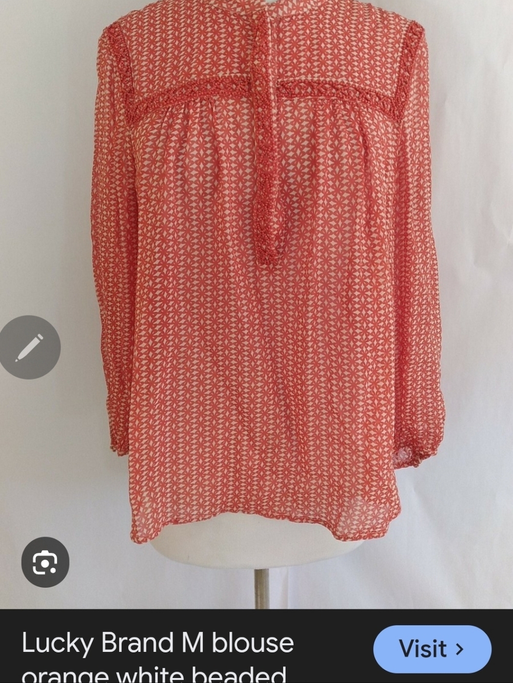 Lucky Brand Sheer Beaded Boho Peasant Blouse Orange Flowy Loose Womens Medium - Picture 12 of 12